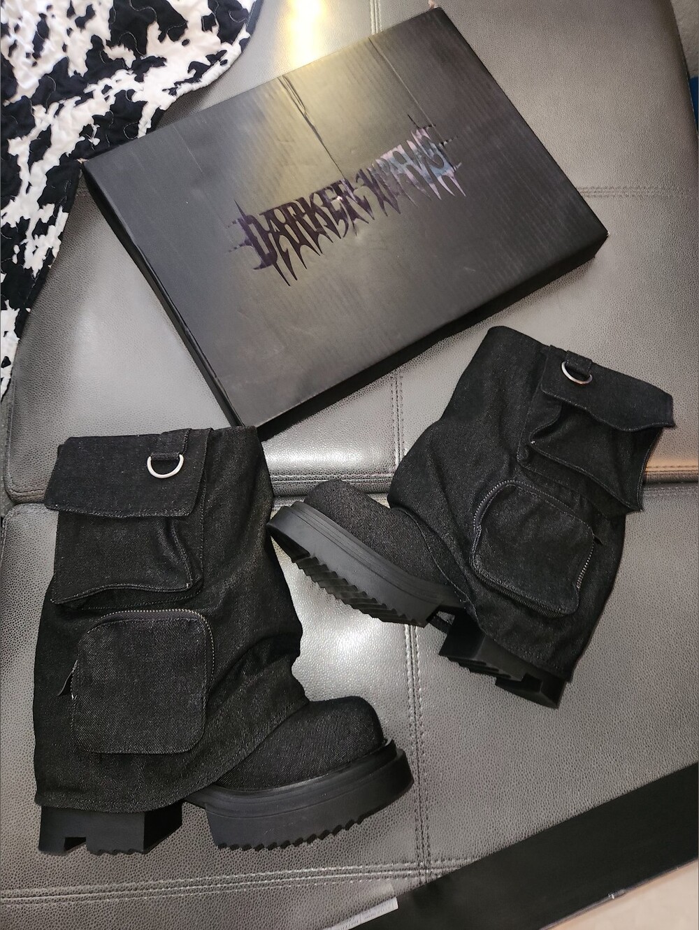 Dolls kill Denim Foldover Pocket Boots Signal Darker Wavs New 8